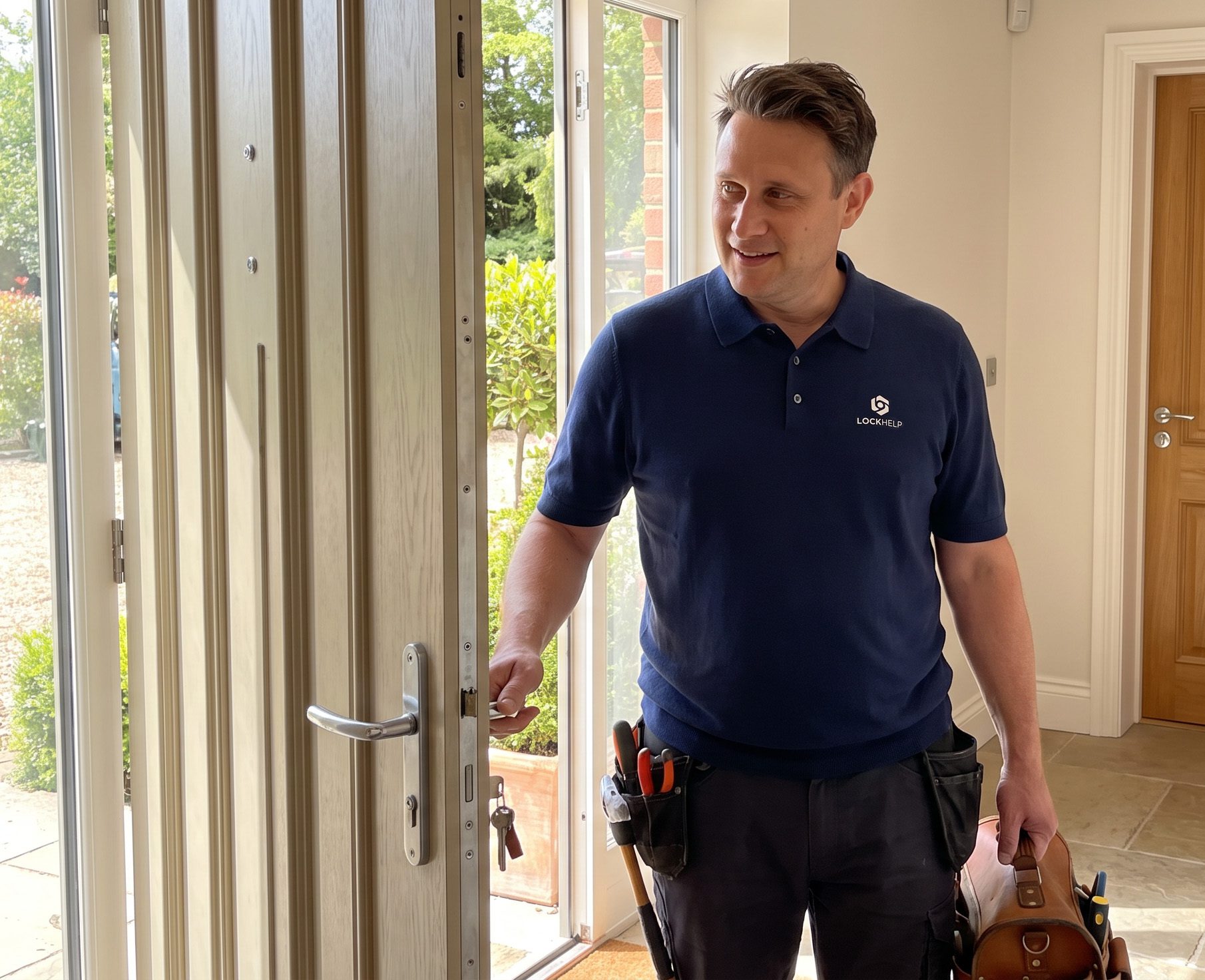 A Lockhelp locksmith in a navy polo shirt stands inside a home, holding a tool bag while opening the front door.